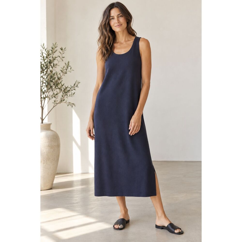 Vintage Eileen Fisher 100% Wool Tank Midi Dress Navy M Made USA